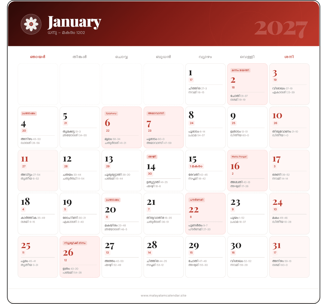 Download January 2027 Malayalam Calendar Image (HD) Download Malayalam Calendar January 2027 Image - High Quality Printable Monthly Planner with Nakshatram, Tithi, Rahu Kalam & Festivals for Kerala
